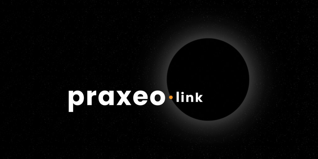 praxeo.link logo on a space background with solar eclipse, highlighting services in business development and business engineering.